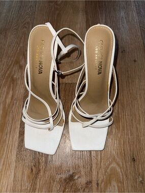 Fashion Nova Cream Strappy Square-Toe Heels